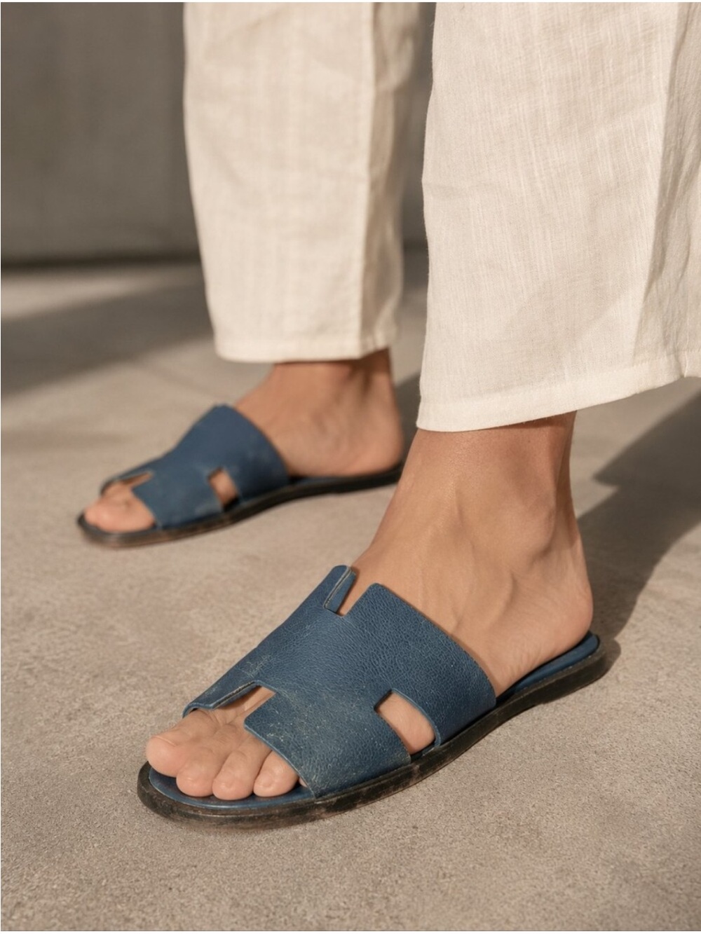 Men's Hermes Leather Slide Sandals - Blue